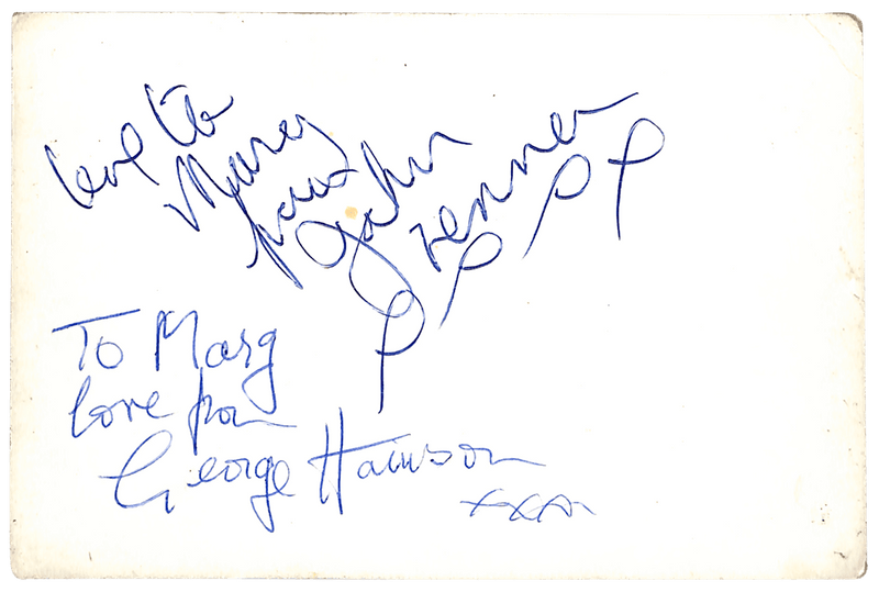 ジョージ・ハリスンとジョン・レノンの直筆サイン（ジョン・ポストカードの裏面）