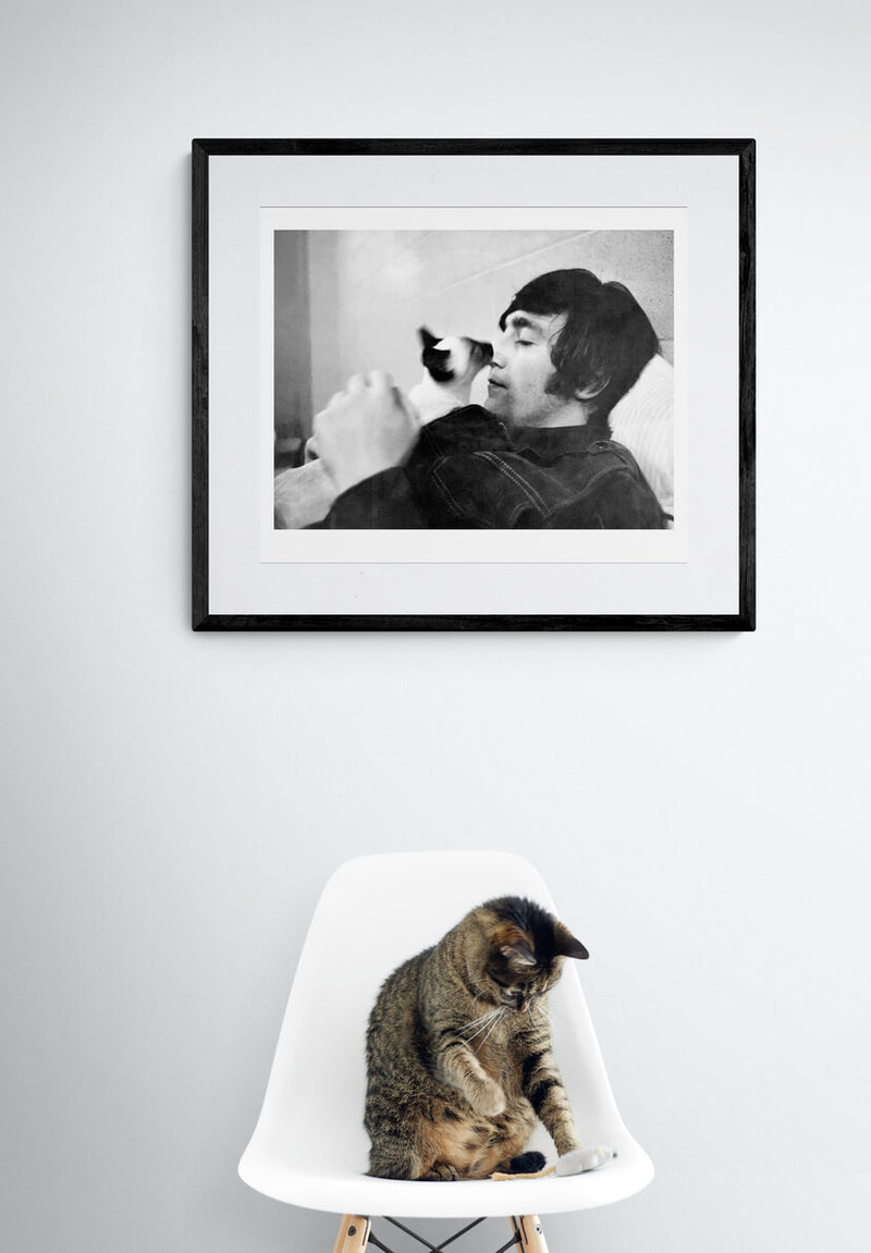 写真「ジョン・レノンと猫 - シェア・スタジアム、ニューヨーク - 1965年」【オリジナル・プリント／ロバート・ウィテカー・フォトグラフィーのエンボス入り】