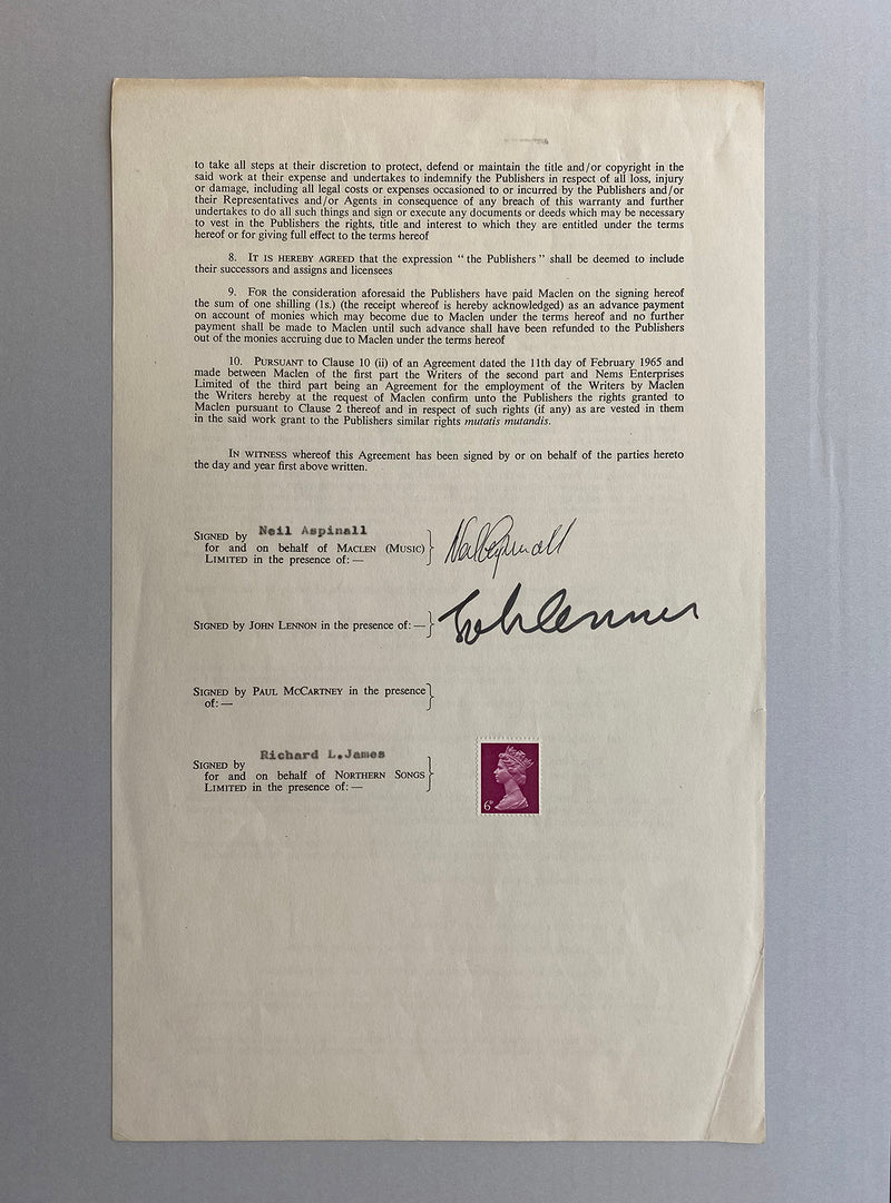 ジョン・レノンのサイン入り楽曲出版権の契約書「オブ・ラ・ディ、オブ・ラ・ダ」ニース・アスピノールとの連名（1968年10月15日）